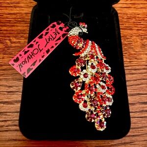 Betsey Johnson Rhinestone Peacock Brooch Pin Red Crystal Statement